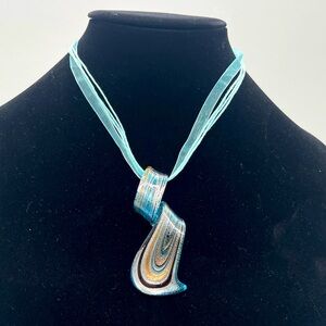 Murano Glass Blue & Silver Twisted  Pendant Necklace
